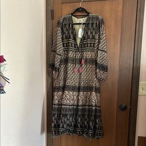 Blue Boheme Linen-Style Dress with Black Trim S/M